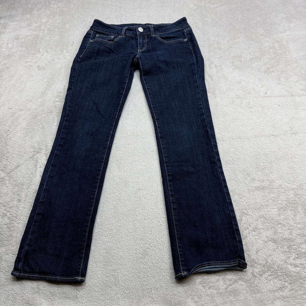 American Eagle Straight Jeans Womens 2 Short Dark Wash Stretch Low Rise Denim